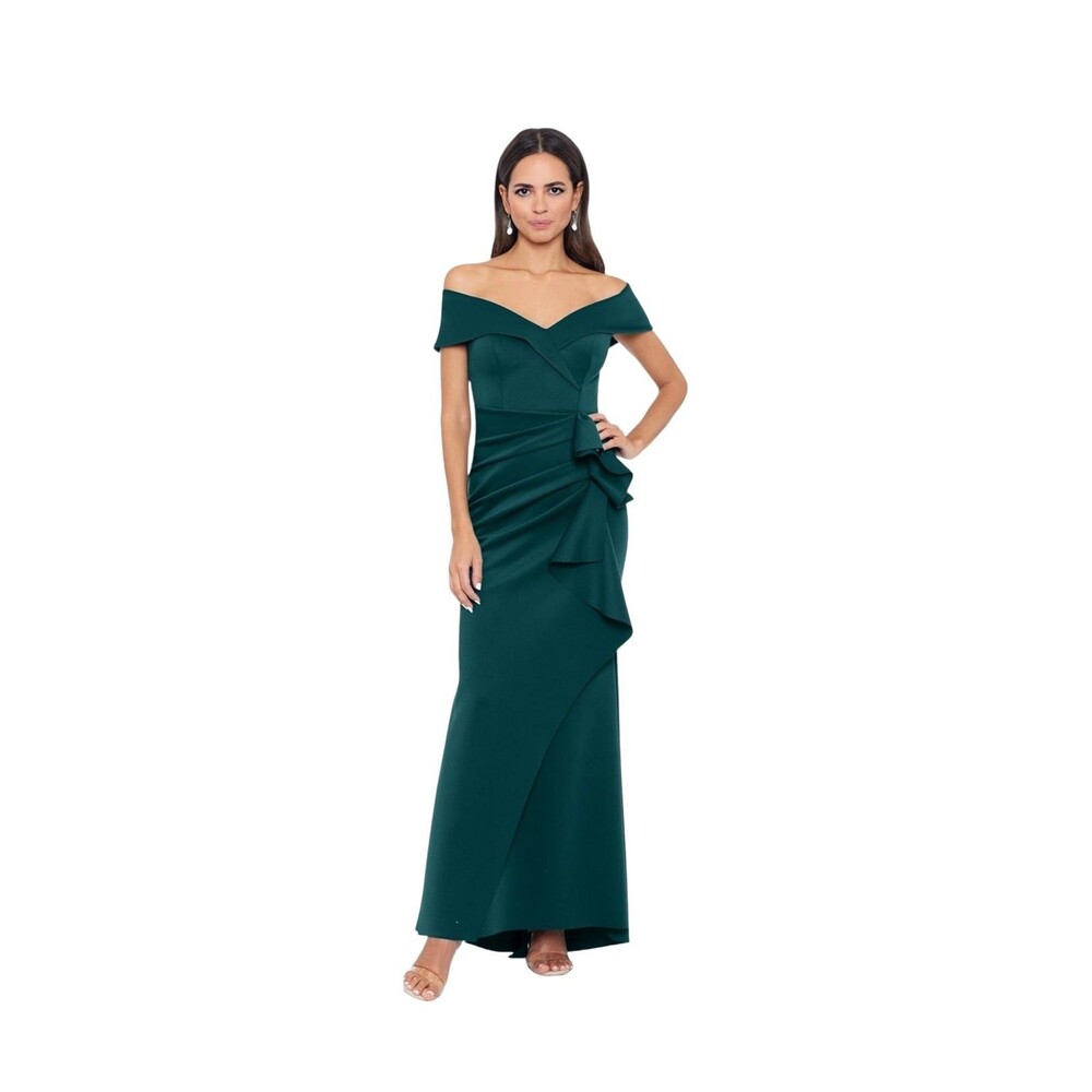 Xscape Women's Green Scuba Ruffled Off-Shoulder Gown Dress Size 16